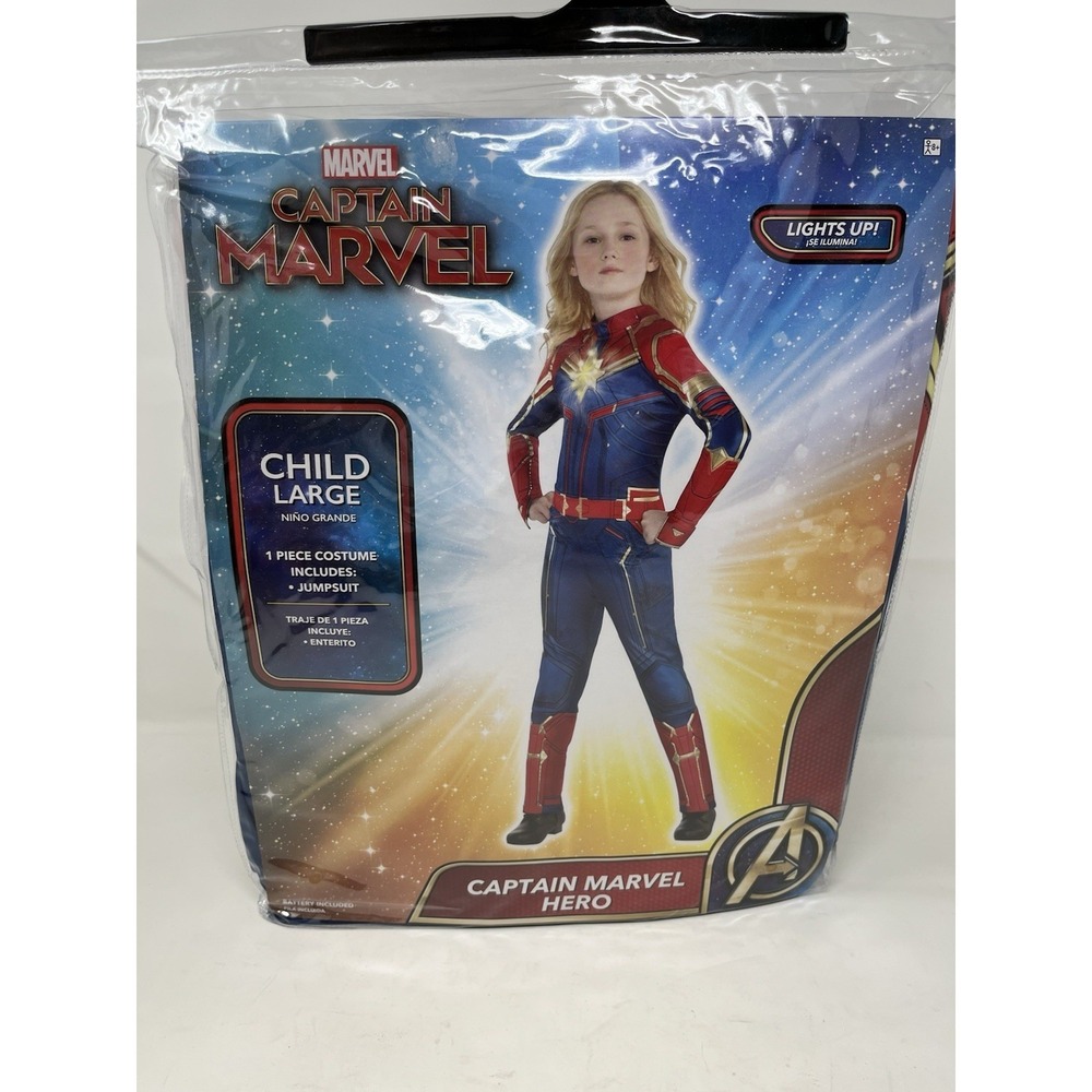 Captain Marvel Hero Halloween Costume Girls Large 12-14, Jumpsuit, Light Up Star